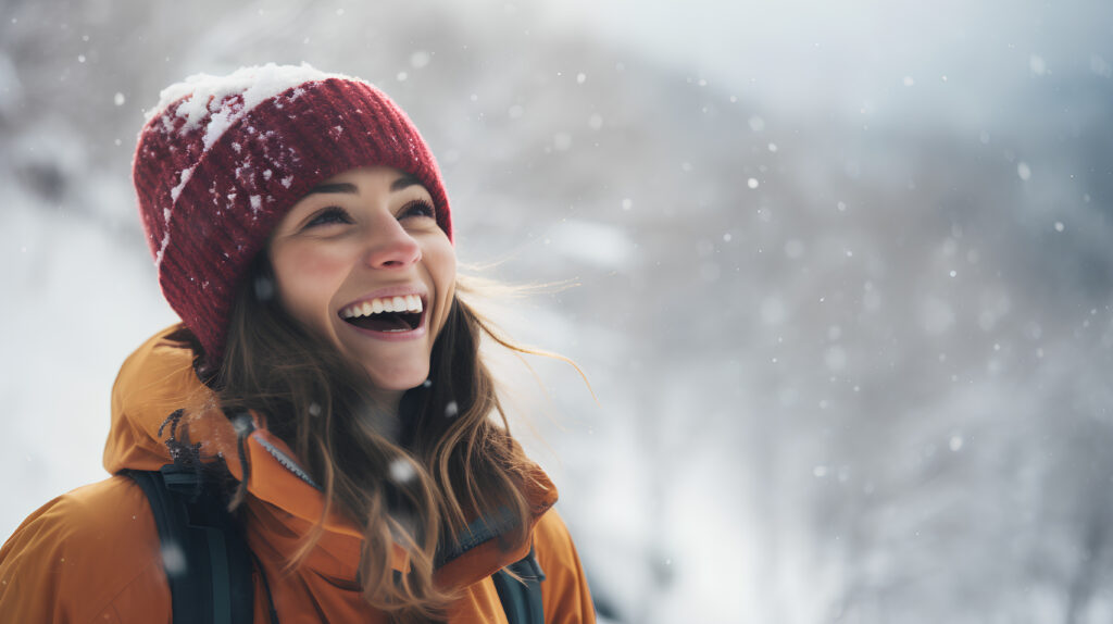 Happy young woman in winter forest. Beautiful girl in the snow.