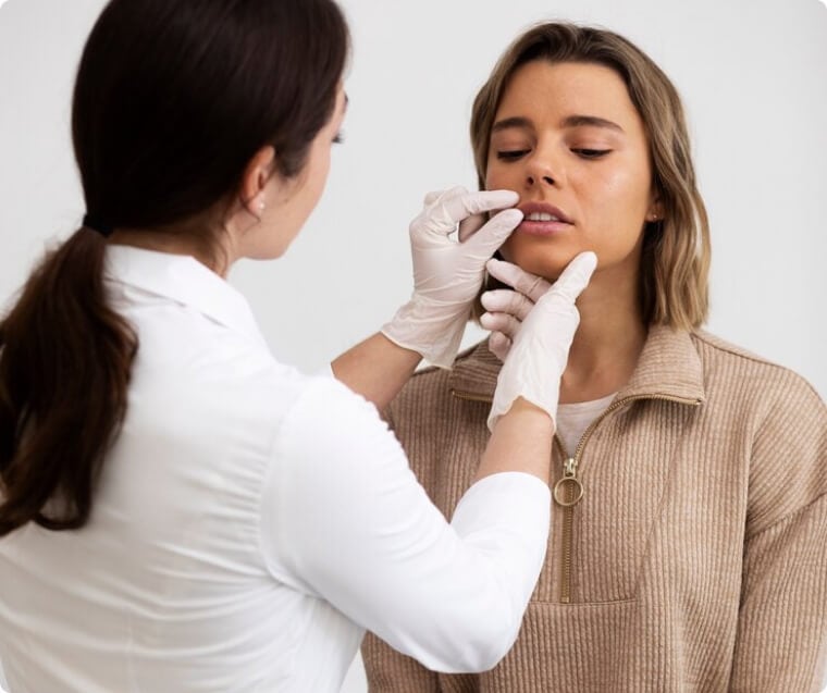 The Team at New Medical Spa - New Medical Spa Medical professional wearing gloves examines a woman's lips in a clinical setting.