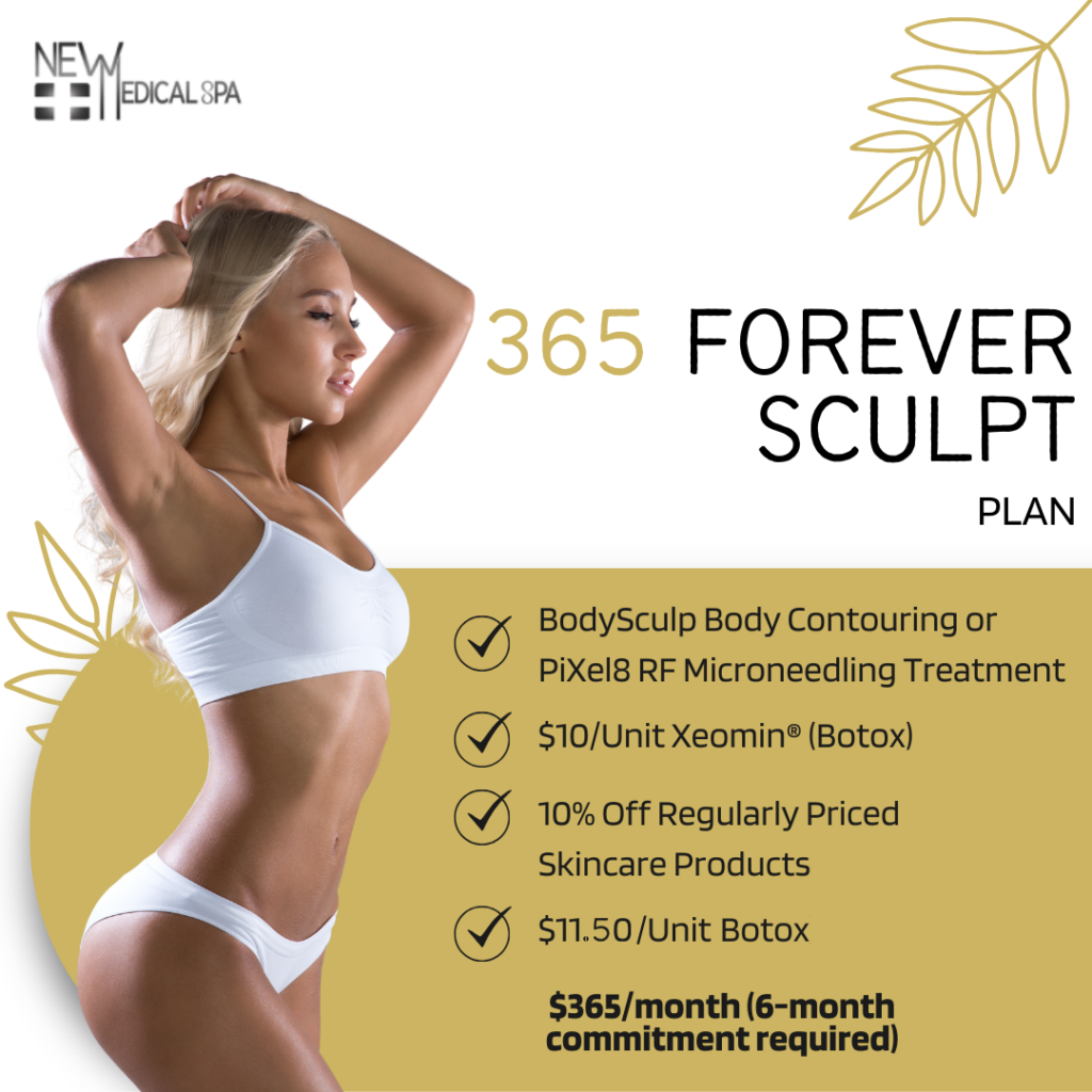 Promotional banner for 365 Forever Sculpt Plan featuring a fit model and a gold service list.