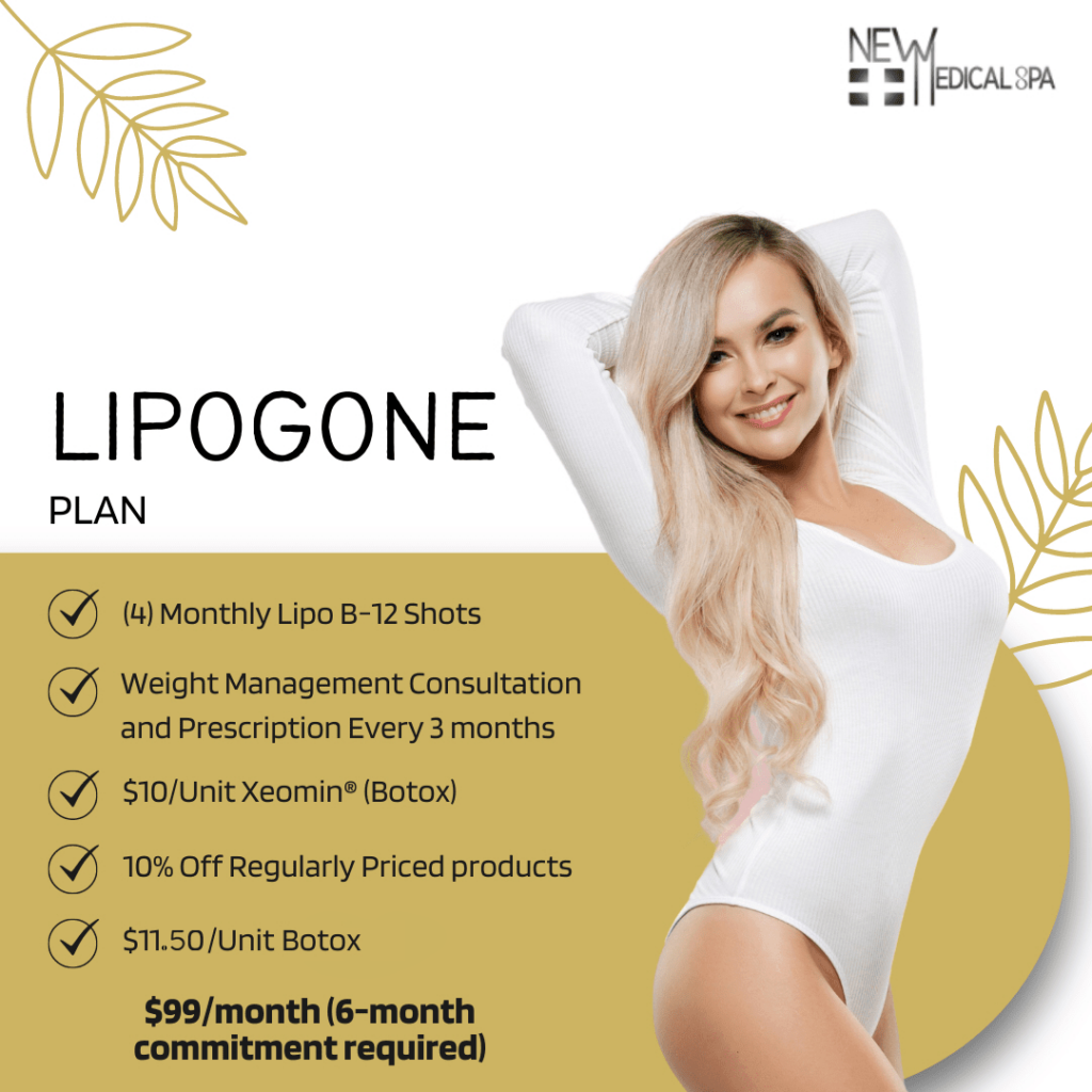 Promo for Lipogone Plan: smiling woman in white, gold panel lists plan benefits (shots, consultations, Botox, discounts) and $99/month.